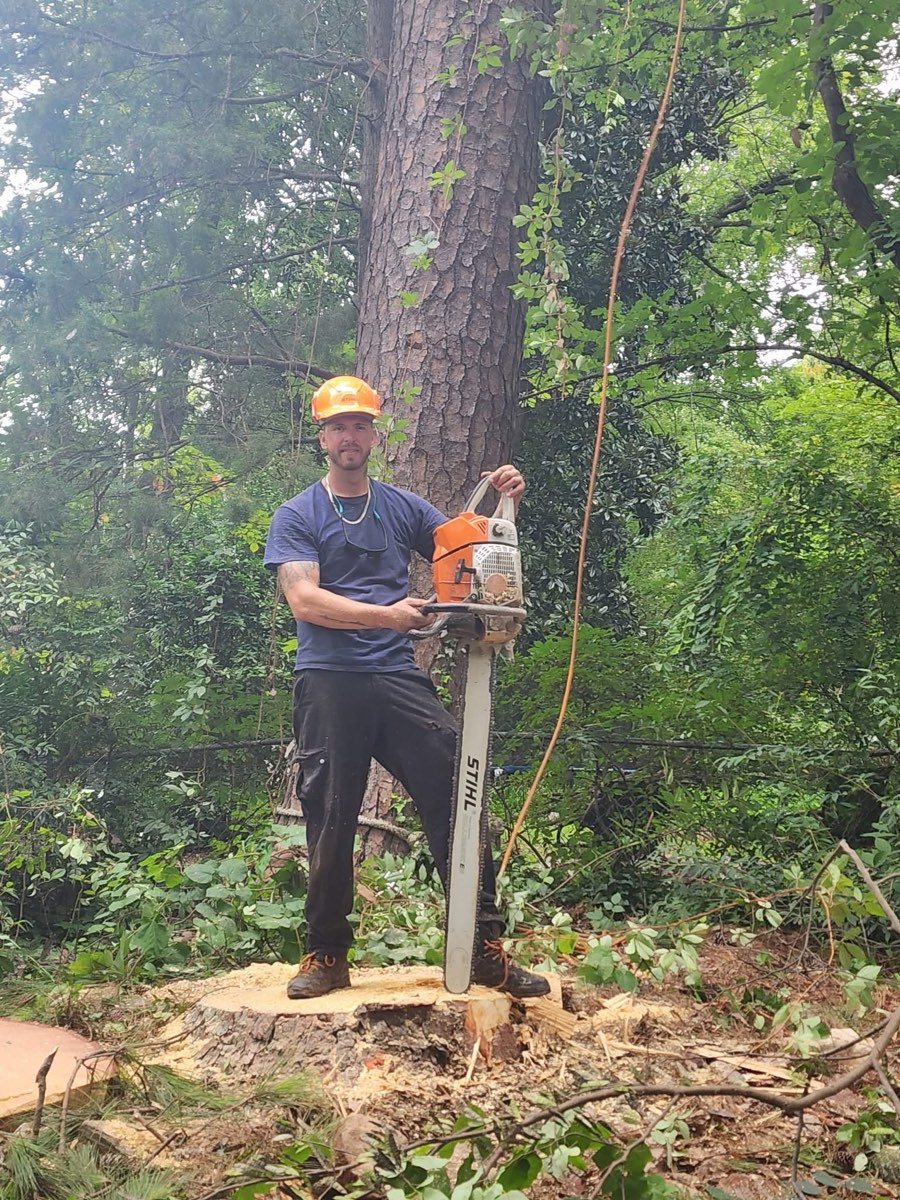 Chad McCarthy, owner of McCarthy Tree Service, with chainsaw beside a freshly cut stump