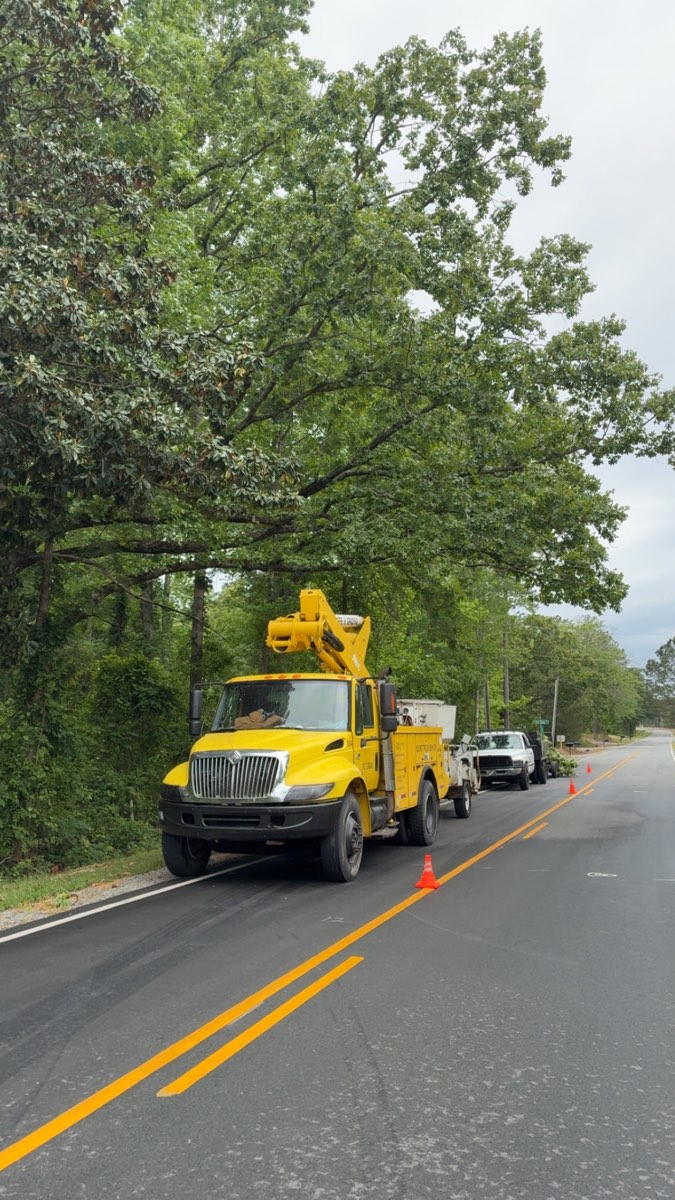 McCarthy bucket truck with traffic cones clearing roadside storm damage in Lee County, NC