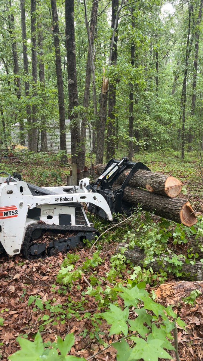 Compact skid steer grappling cut logs for removal near Sanford, NC